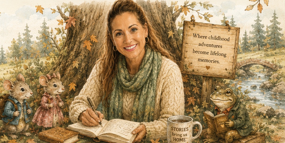 Kathleen Blevins beneath an old oak tree, reading to two storybook mice and a friendly frog as autumn leaves drift through warm afternoon light